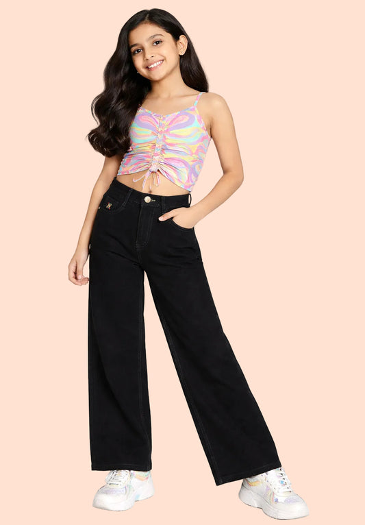 Knit N Knot Girls Jet Black High-Waist Wide Flaring Denim Jeans