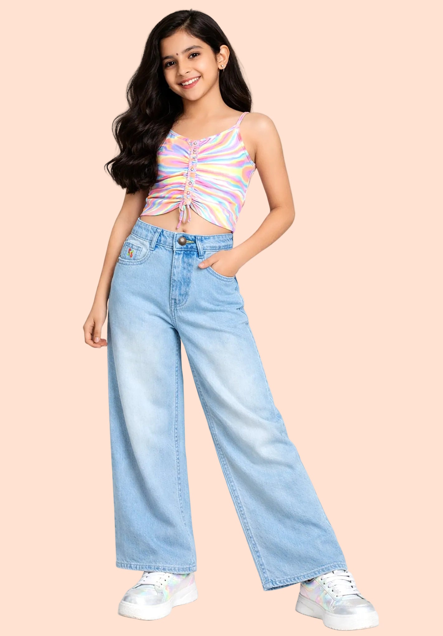 Knit N Knot Girls' High-Waist Wide Flaring Light Blue Jeans