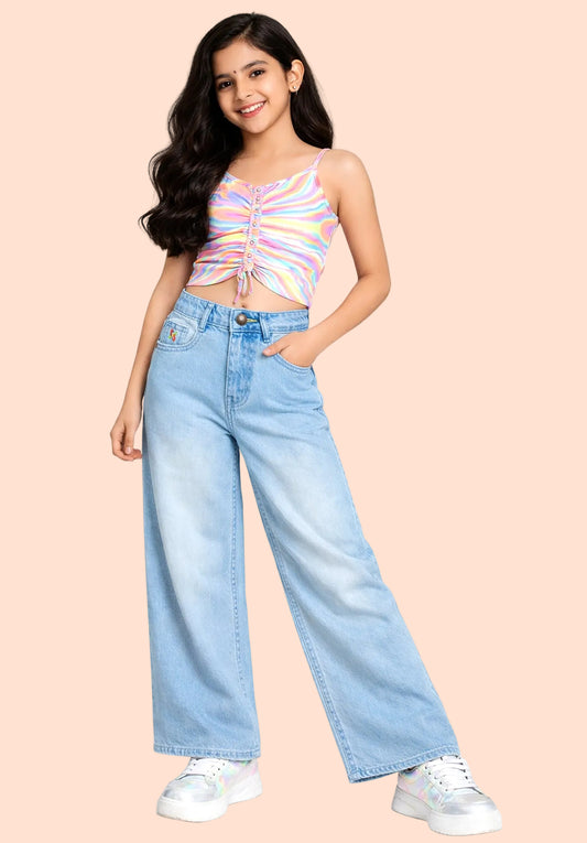 Knit N Knot Girls' High-Waist Wide Flaring Light Blue Jeans