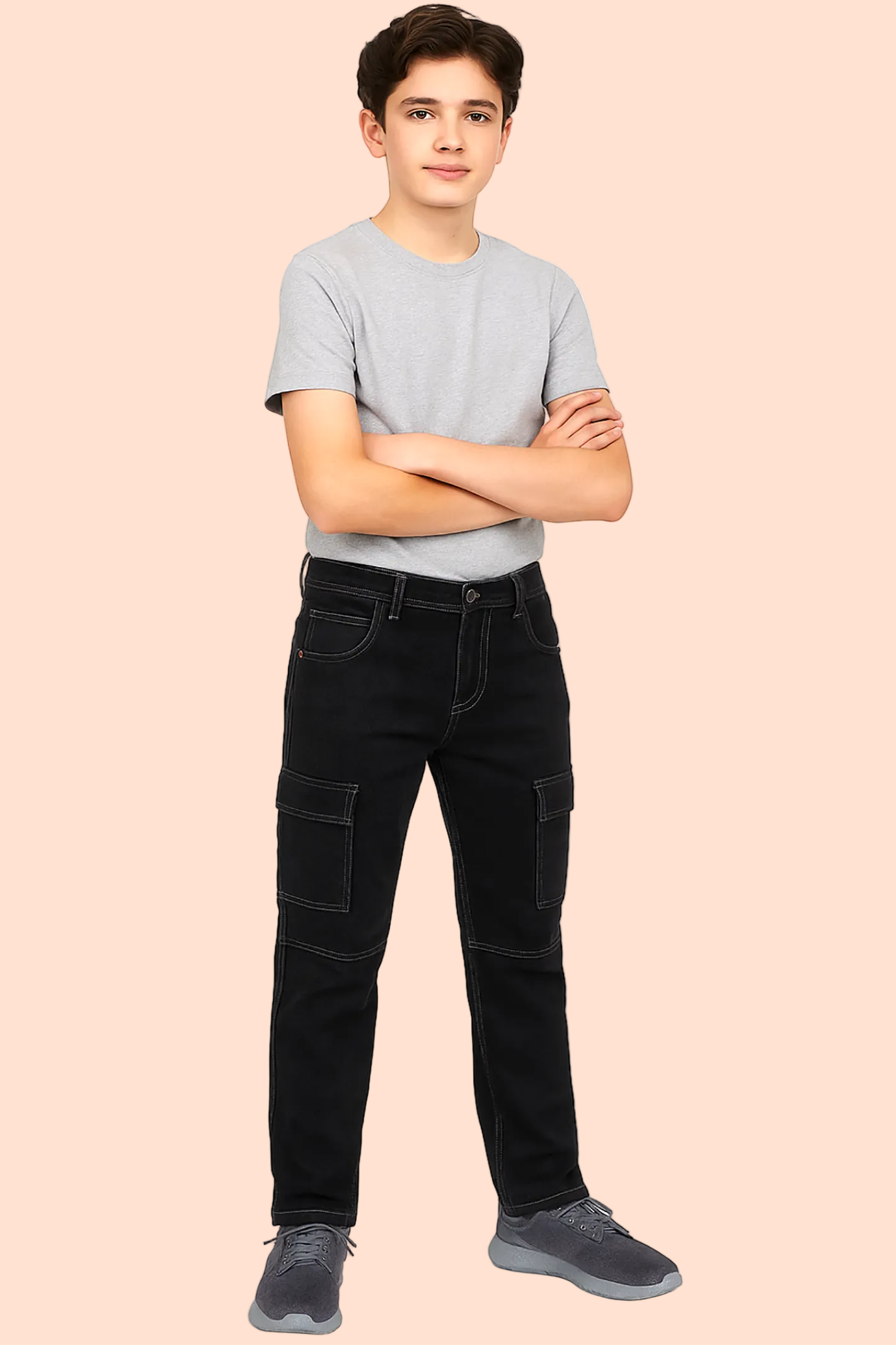 Knit N Knot Boys' Jet Black, Adjustable Waist, Regular Fit Stretchable Cargo Jeans