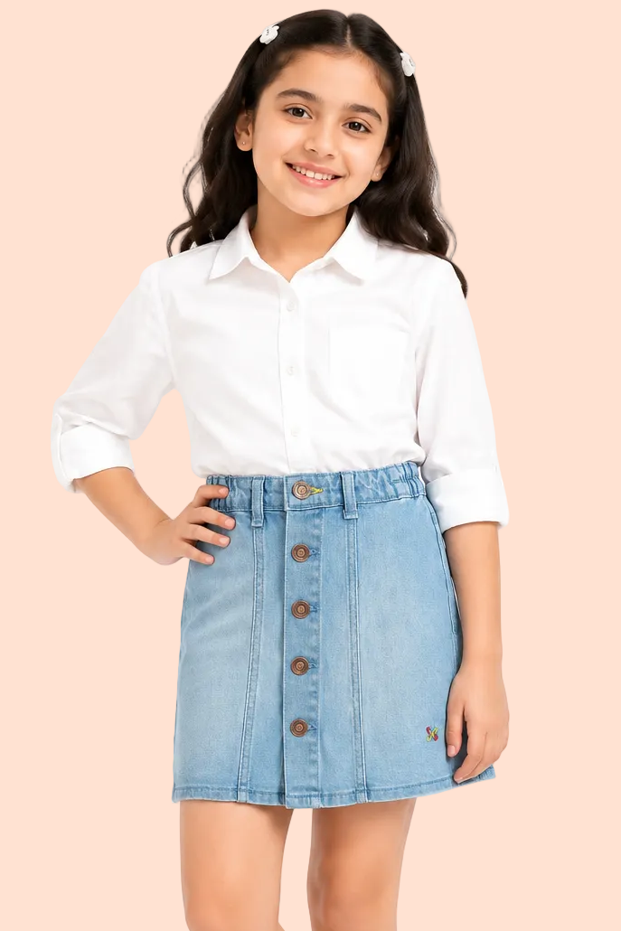 Knit N Knot Girls Ice Blue Denim A-Line Skirt High Waist Button Front Mini Skirt with Pockets | Above Knee Length | Casual Stylish Kidswear