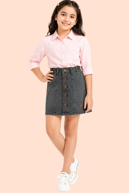 Knit N Knot Girls' Black Faded Denim Front Open Button-Down A-Line Skirt