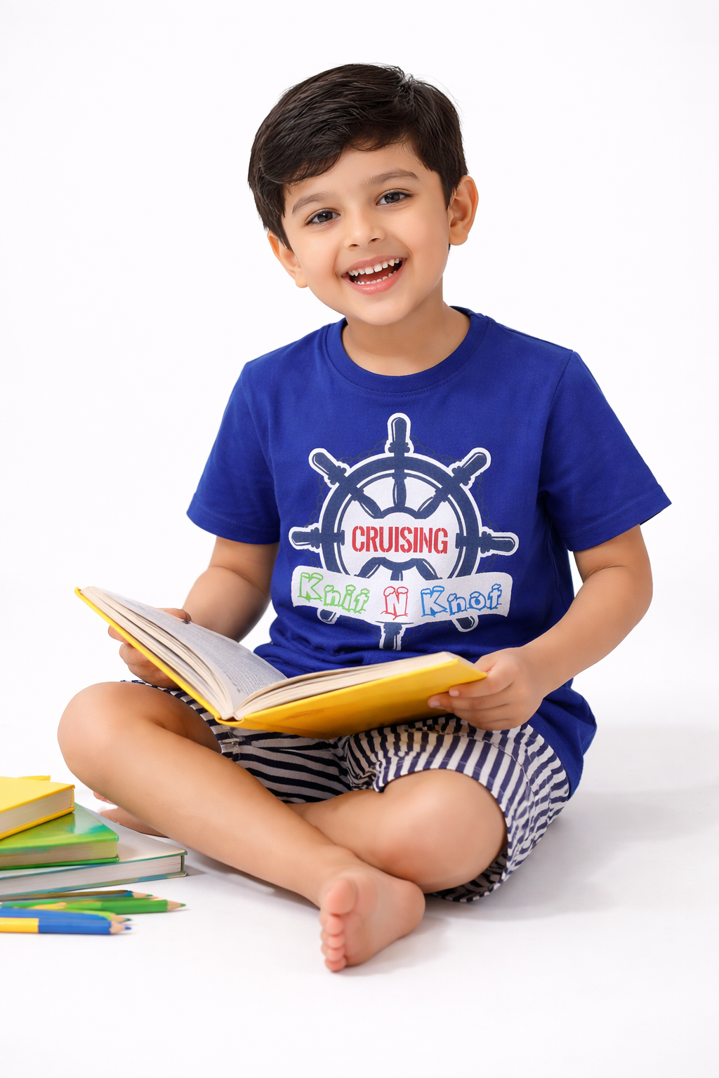 Knit N Knot Boys' Royal Blue Nautical Print T-shirt and Shorts Combo Set