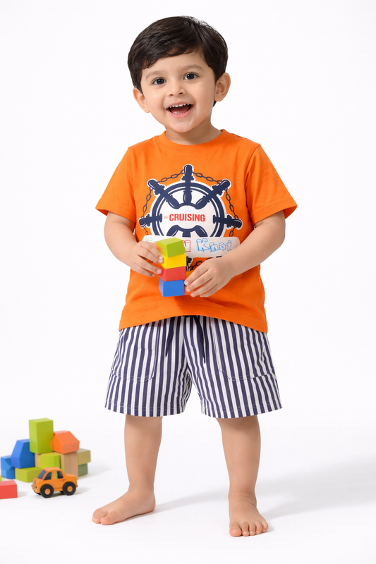 Knit N Knot Boys' Orange Nautical Print T-shirt and Shorts Combo Set
