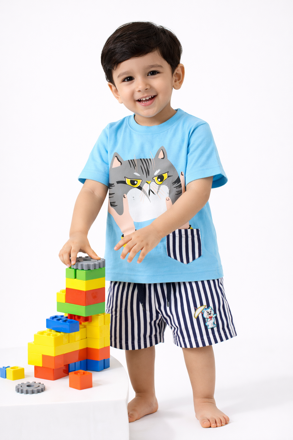 Knit N Knot Boys' Sky Blue Cat Print  T-shirt and Shorts Combo Set