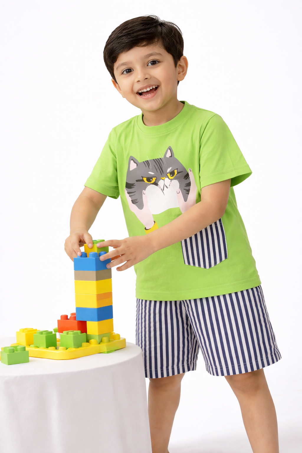 Knit N Knot Boys' Lime Green Cat Print T-shirt and Shorts Combo Set
