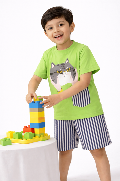 Knit N Knot Boys' Lime Green Cat Print T-shirt and Shorts Combo Set