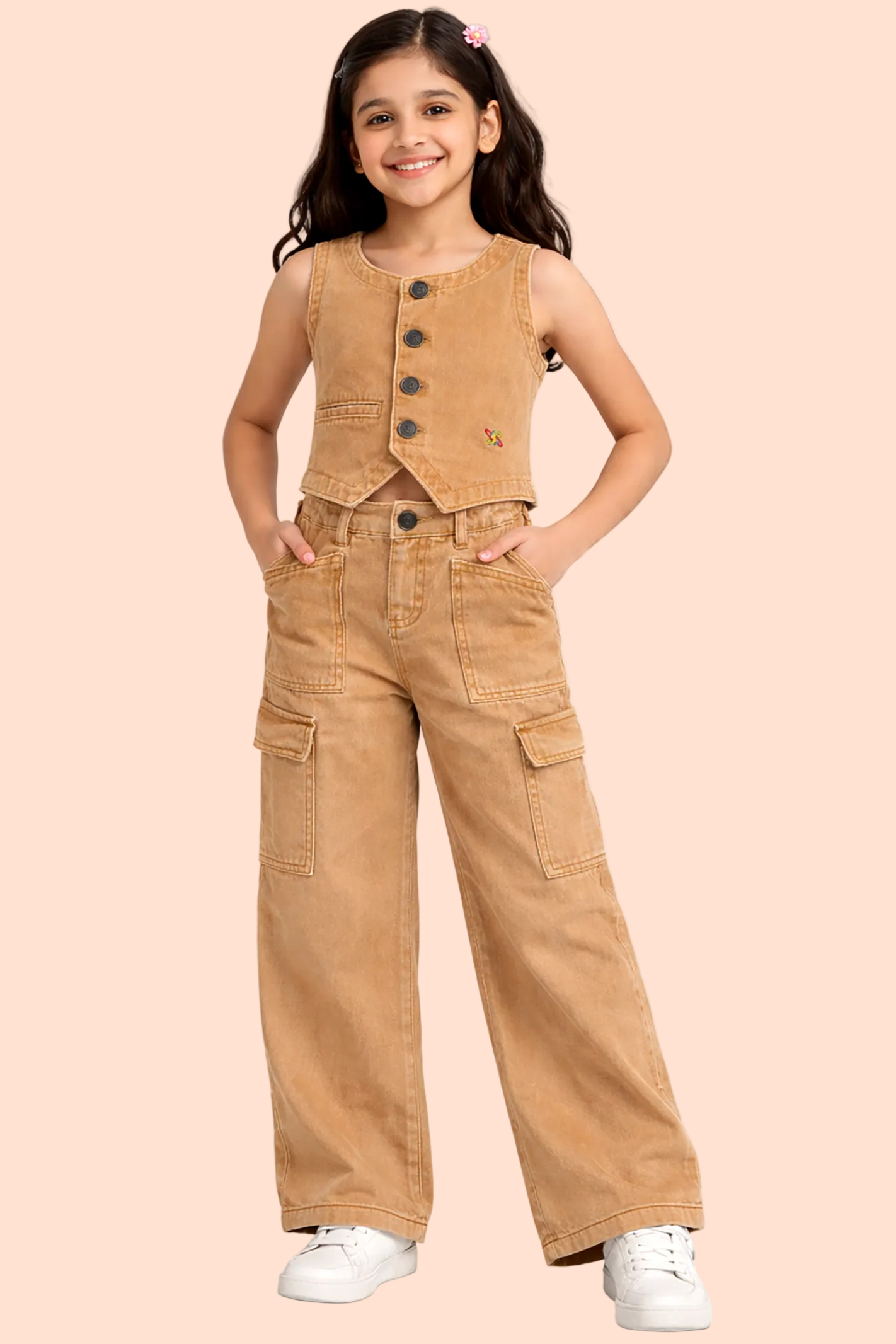 Knit N Knot Girls' 7-Pocket Wide Flared Fit Cotton Denim Cargo Jeans with Elasticated Waist