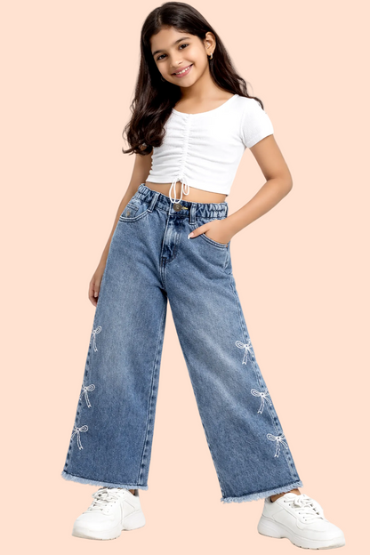 Knit N Knot Girls' Blue Faded High Waist Wide Flaring Fit Cotton Denim Jeans with Embroidered Sides