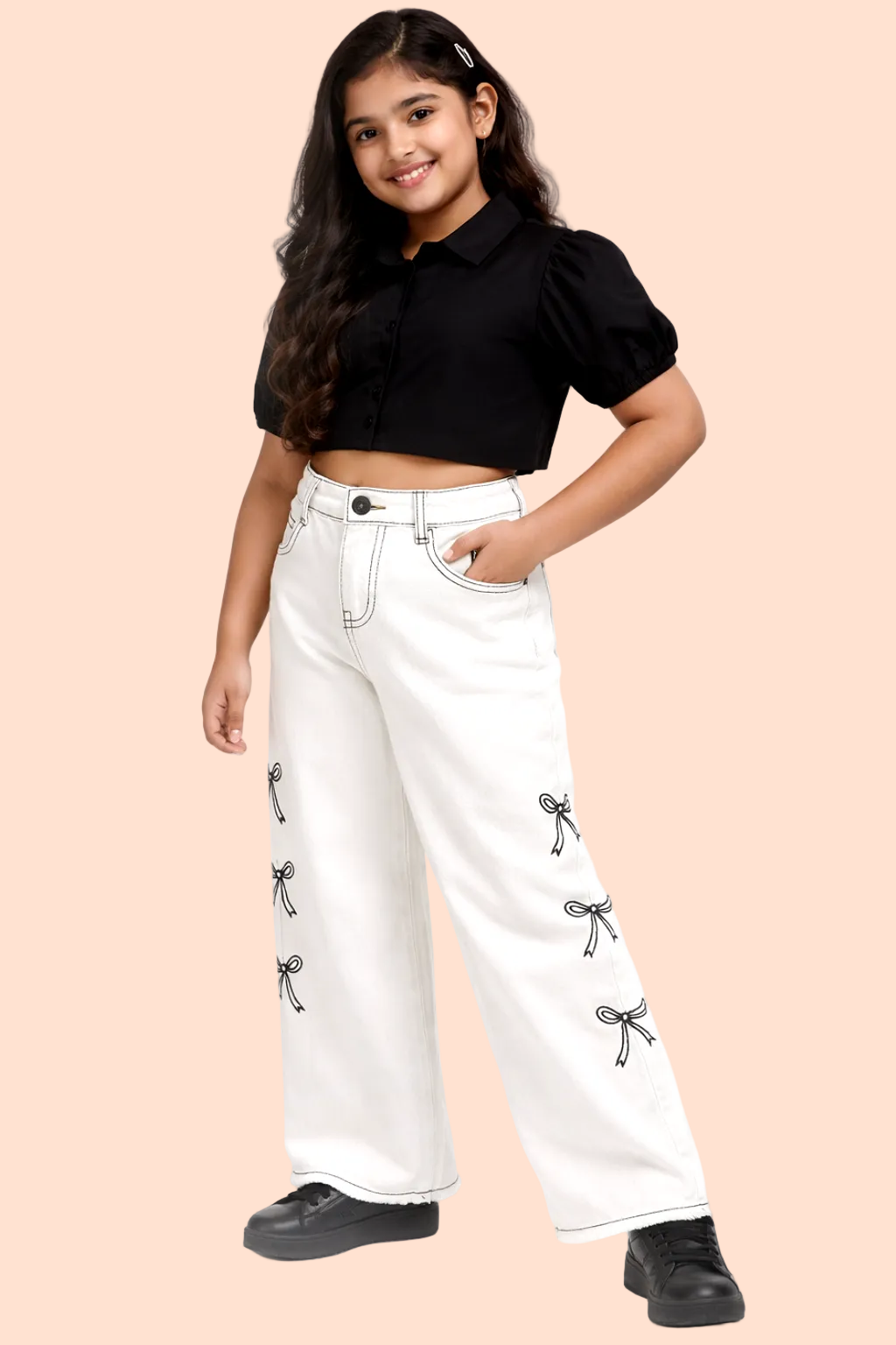 Knit N Knot Girls' Elastic Waist Stylish Wide Flaring Fit White Cotton Denim Jeans with Side Embroidery
