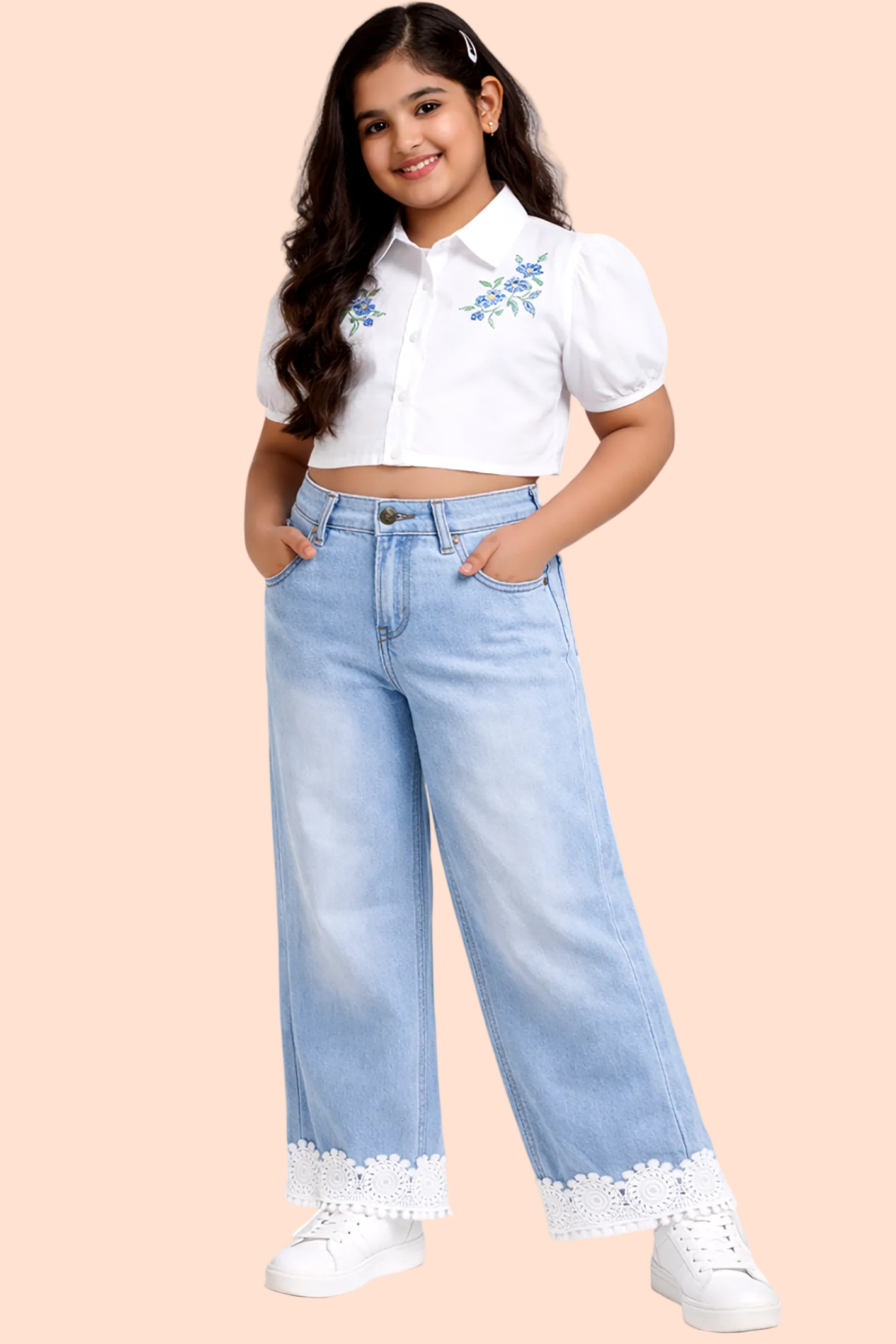 Knit N Knot Girls' Wide Flaring Fit High Waist Light Blue Jeans with Floral Lace Bottom
