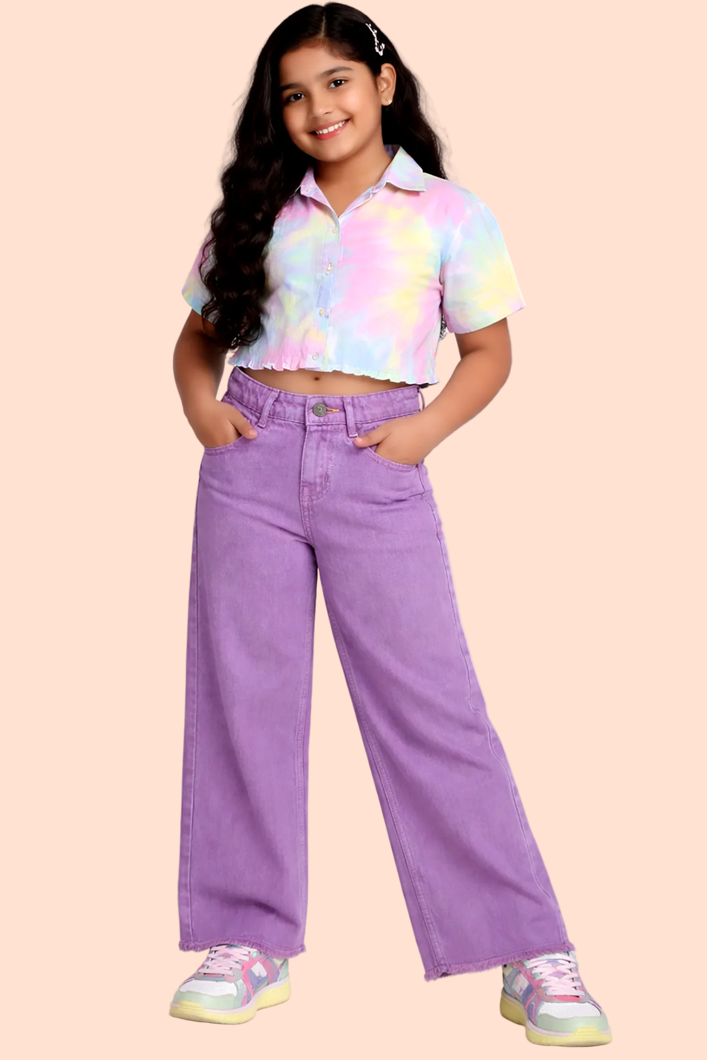 Knit N Knot Girl's Wide Flared Fit, High Waist Frayed Bottom Lavender/ Purple Jeans