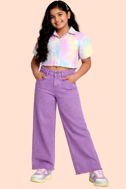 Knit N Knot Girl's Wide Flared Fit, High Waist Frayed Bottom Lavender/ Purple Jeans