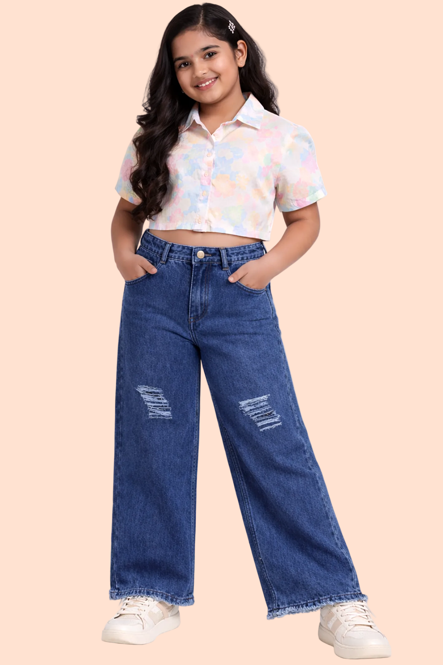 Knit N Knot Girls' Wide Flaring Fit High Waist Blue Cloud Ripped Jeans