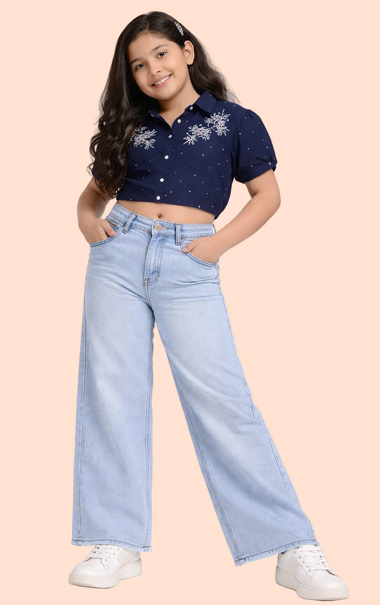 Knit N Knot Girls' High-Waist Wide Flaring Light Blue Jeans