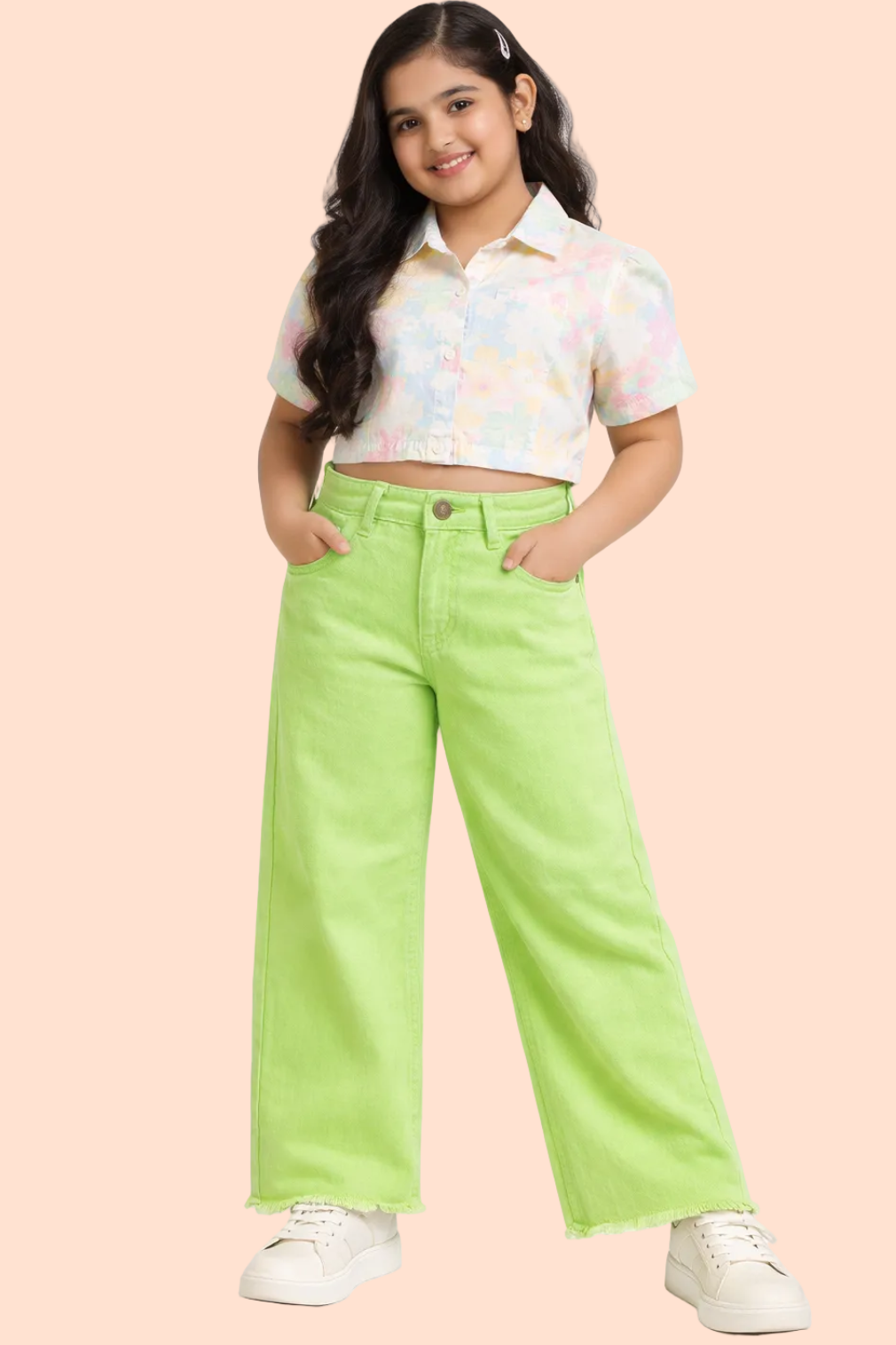Knit N Knot Girls' Wide Flaring Fit High Waist Lime Green Jeans