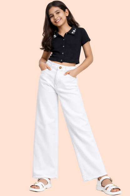 Knit N Knot Girls’ Wide Flared Fit White Jeans
