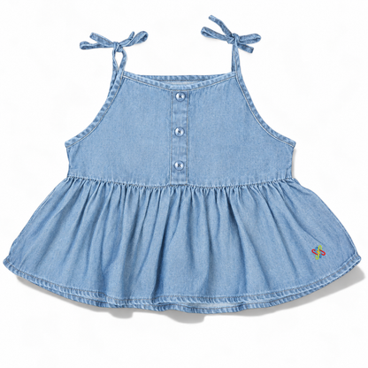 Knit N Knot Girls' Light Blue Soft Denim Top & Palazzo Co-Ord Set with Tie-Up Straps