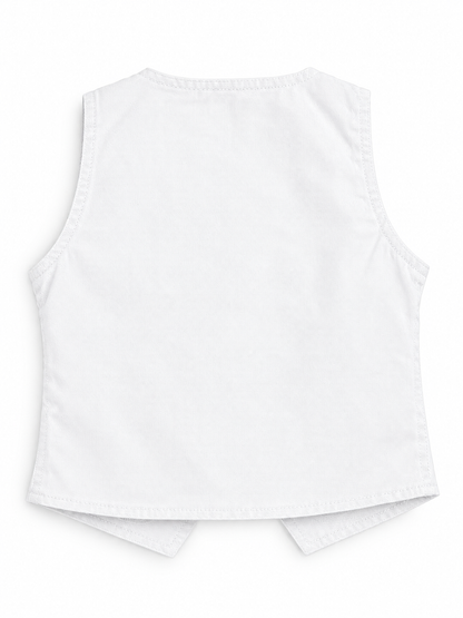 Knit N Knot Girls White Solid Sleeveless Waistcoat | Premium Textured V-Neck Button Closure Casual, Party Vest Jacket Top| Stylish Formal Layering Jacket