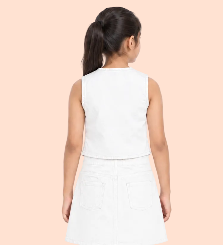 Knit N Knot Girls White Solid Sleeveless Waistcoat | Premium Textured V-Neck Button Closure Casual, Party Vest Jacket Top| Stylish Formal Layering Jacket