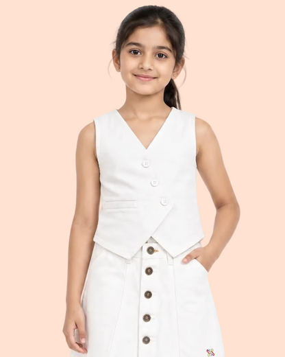 Knit N Knot Girls White Solid Sleeveless Waistcoat | Premium Textured V-Neck Button Closure Casual, Party Vest Jacket Top| Stylish Formal Layering Jacket