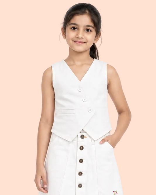 Knit N Knot Girls White Solid Sleeveless Waistcoat | Premium Textured V-Neck Button Closure Casual, Party Vest Jacket Top| Stylish Formal Layering Jacket