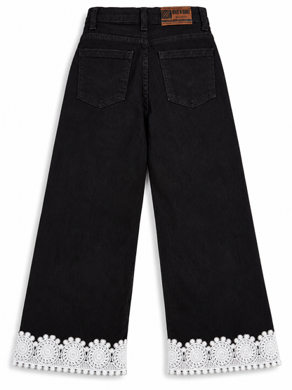 Knit N Knot Girls' Wide Flaring Fit High Waist Black Jeans with Lace Bottom