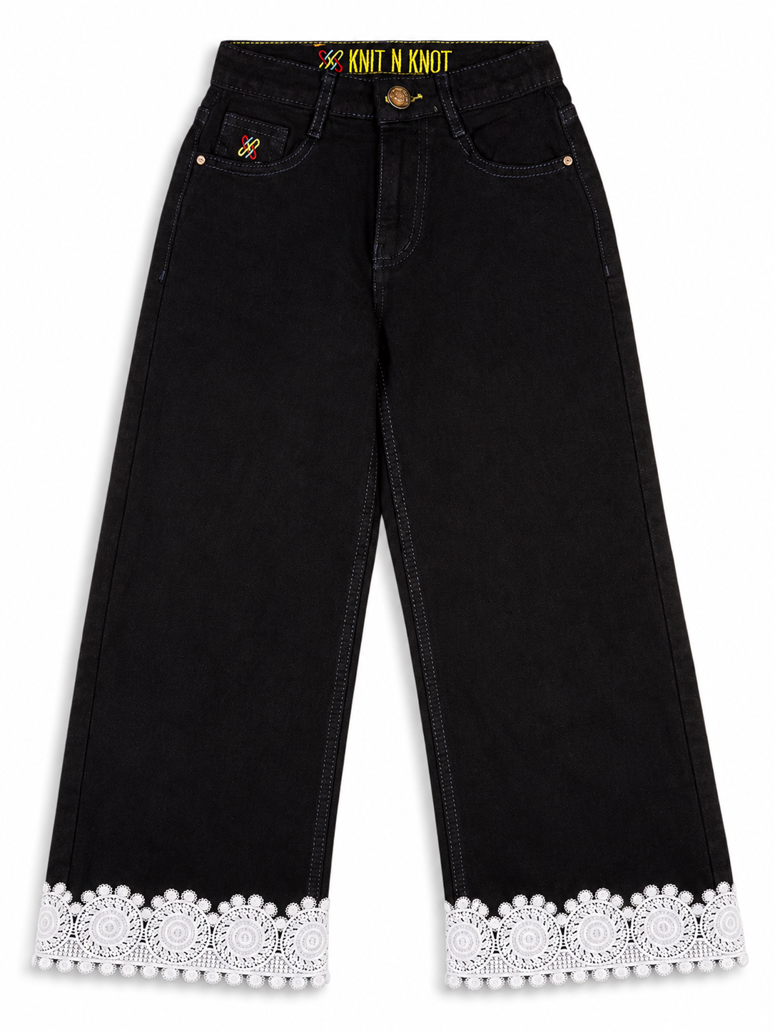 Knit N Knot Girls' Wide Flaring Fit High Waist Black Jeans with Lace Bottom