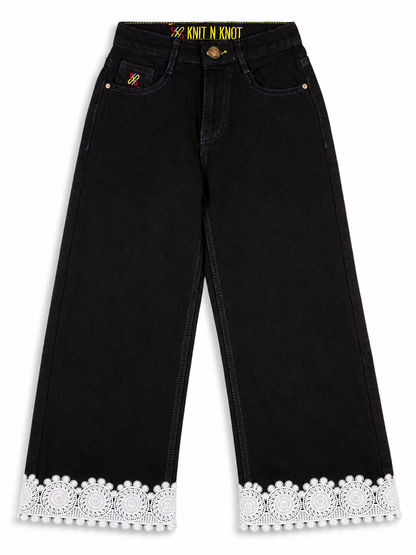 Knit N Knot Girls' Wide Flaring Fit High Waist Black Jeans with Lace Bottom