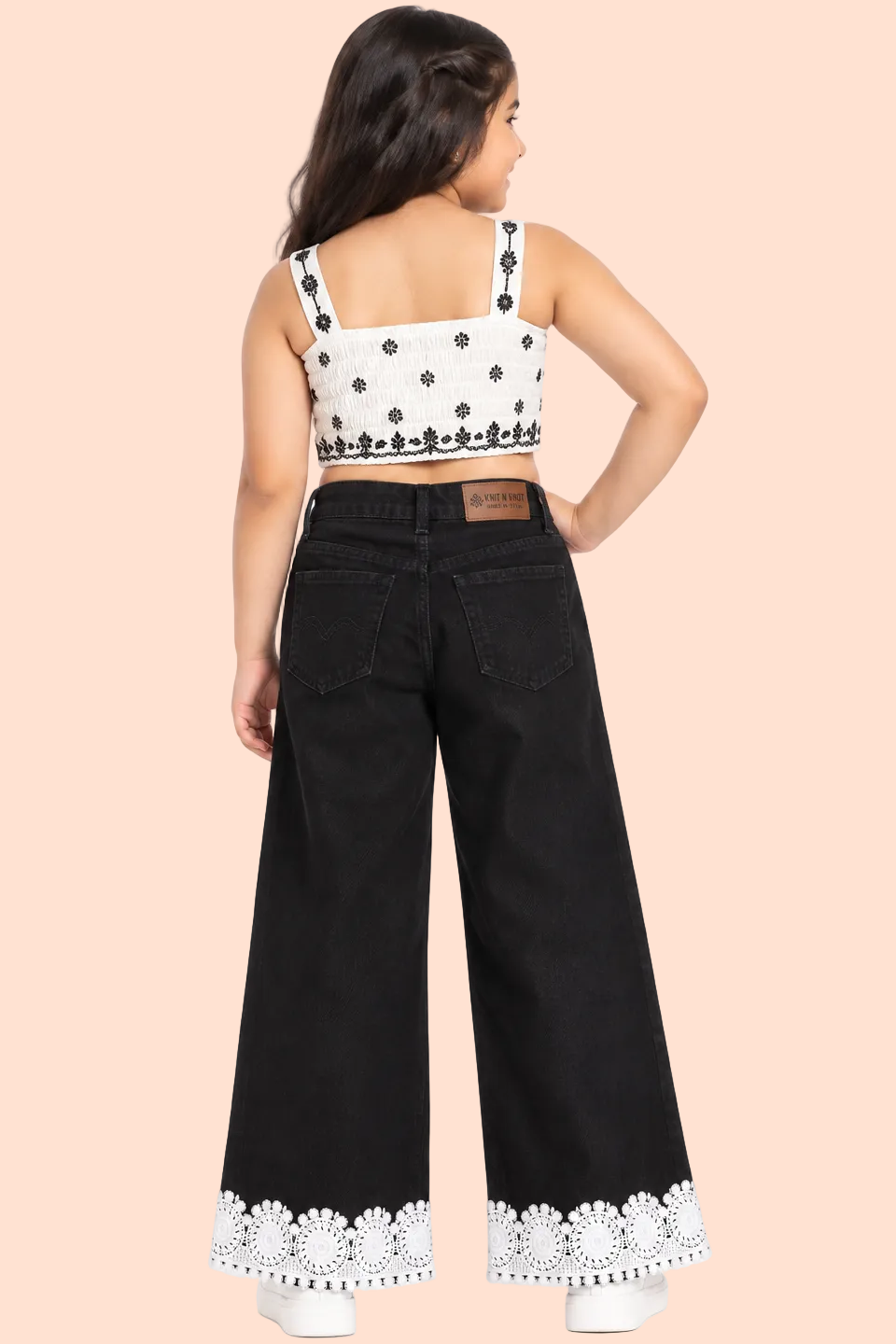 Knit N Knot Girls' Wide Flaring Fit High Waist Black Jeans with Lace Bottom