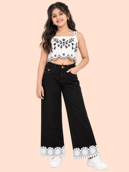 Knit N Knot Girls' Wide Flaring Fit High Waist Black Jeans with Lace Bottom