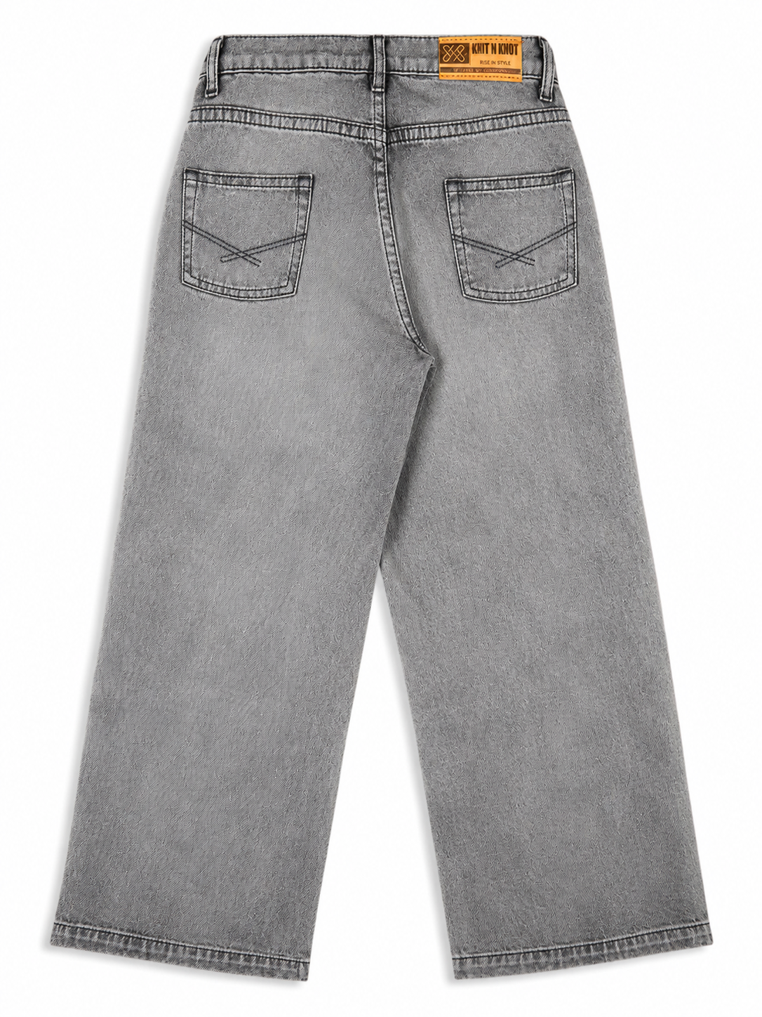 Knit N Knot Girls' Light Grey Wide Flaring Fit Cotton Denim Jeans with Fringed Hem