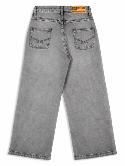 Knit N Knot Girls' Light Grey Wide Flaring Fit Cotton Denim Jeans with Fringed Hem