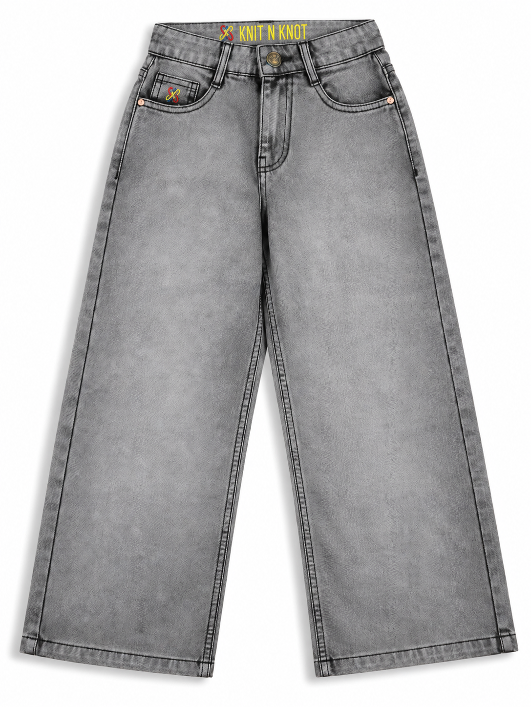 Knit N Knot Girls' Light Grey Wide Flaring Fit Cotton Denim Jeans with Fringed Hem