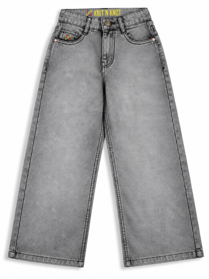 Knit N Knot Girls' Light Grey Wide Flaring Fit Cotton Denim Jeans with Fringed Hem