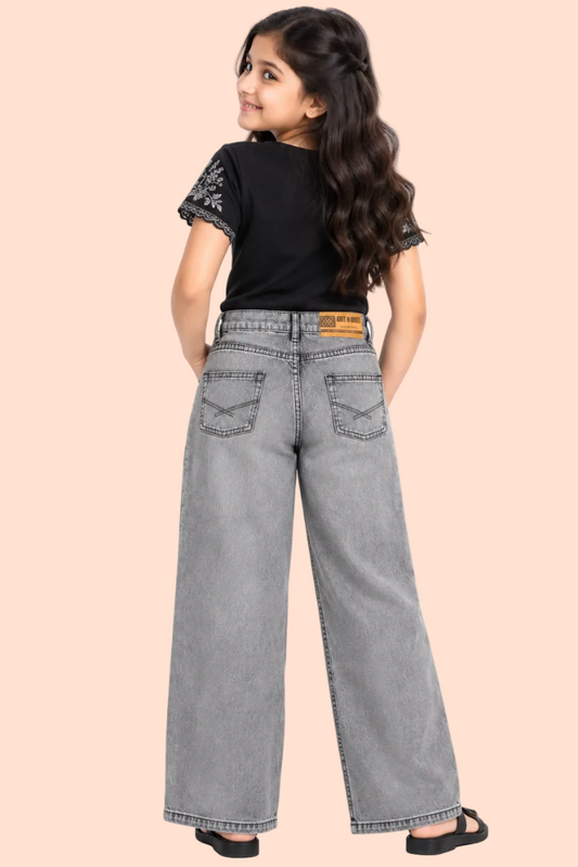 Knit N Knot Girls' Light Grey Wide Flaring Fit Cotton Denim Jeans with Fringed Hem