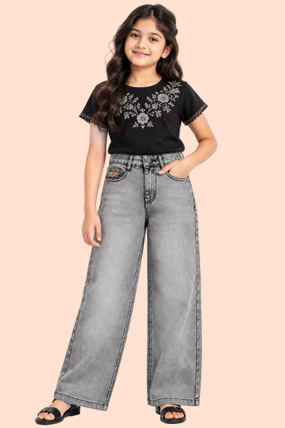 Knit N Knot Girls' Light Grey Wide Flaring Fit Cotton Denim Jeans with Fringed Hem