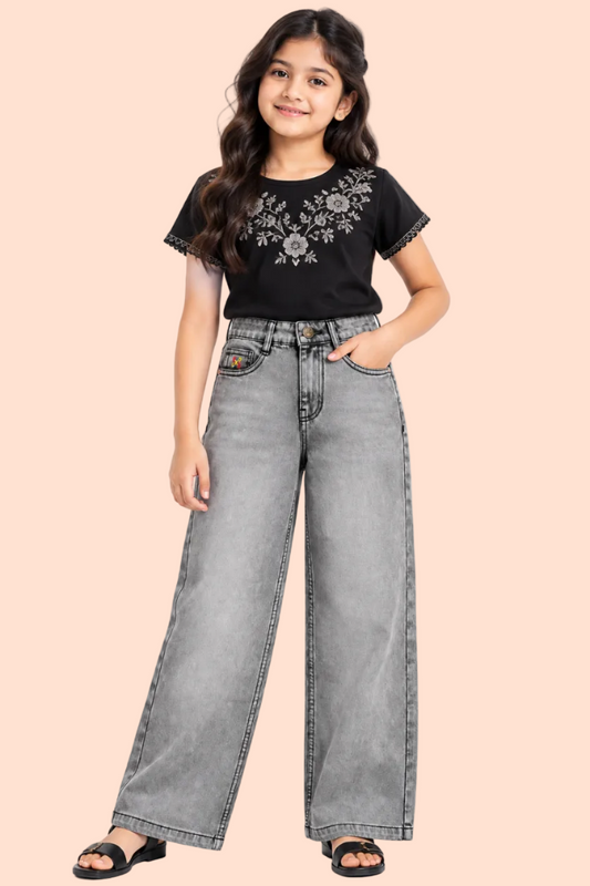 Knit N Knot Girls' Light Grey Wide Flaring Fit Cotton Denim Jeans with Fringed Hem