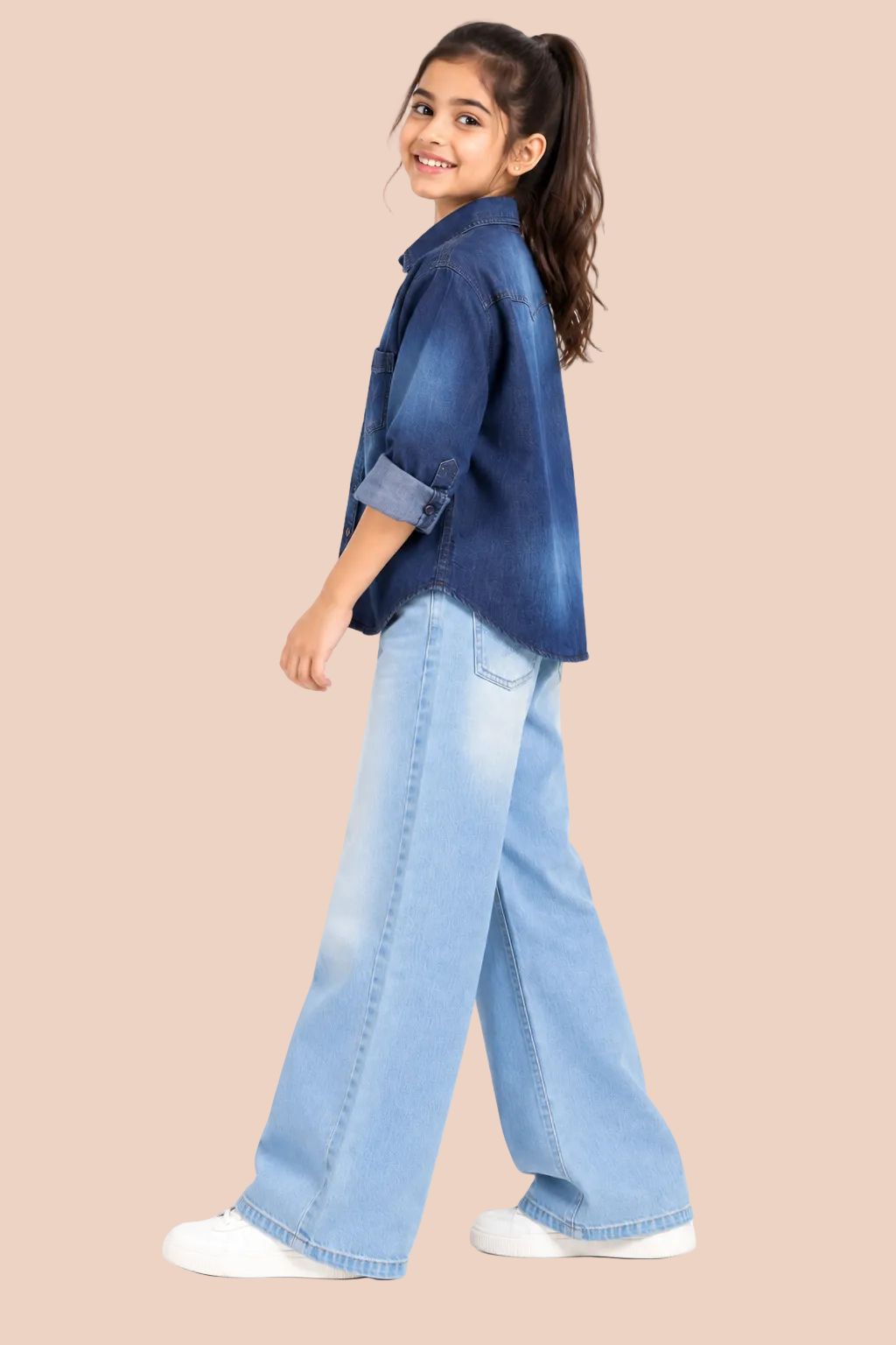 Knit N Knot Girls Denim Casual Shirt Full Sleeves, Stone-Washed Indigo Blue, Double Chest Pockets, Stylish Kids Jeans Shirt, Western Look Cotton Jacket (Copy)