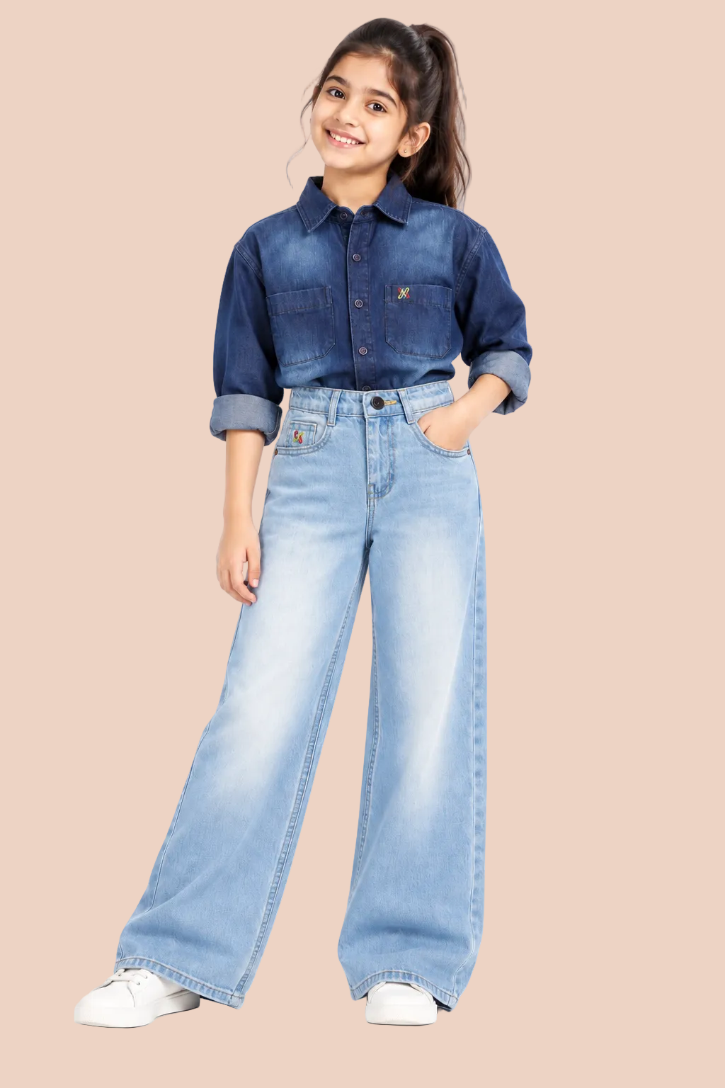 Knit N Knot Girls Denim Casual Shirt Full Sleeves, Stone-Washed Indigo Blue, Double Chest Pockets, Stylish Kids Jeans Shirt, Western Look Cotton Jacket (Copy)