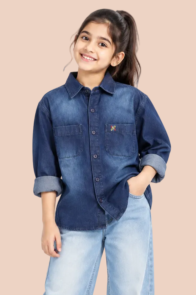 Knit N Knot Girls Denim Casual Shirt Full Sleeves, Stone-Washed Indigo Blue, Double Chest Pockets, Stylish Kids Jeans Shirt, Western Look Cotton Jacket (Copy)