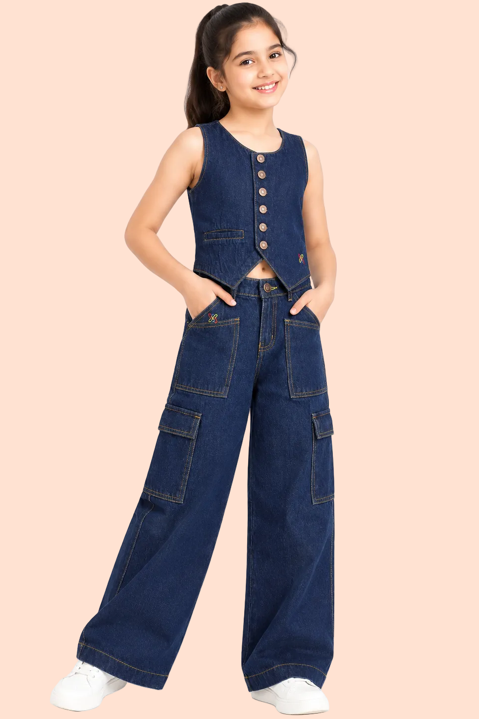 Knit N Knot Girls' Indigo Cotton Denim Co-Ord Set | Waistcoat Style Top with Cargo Jeans