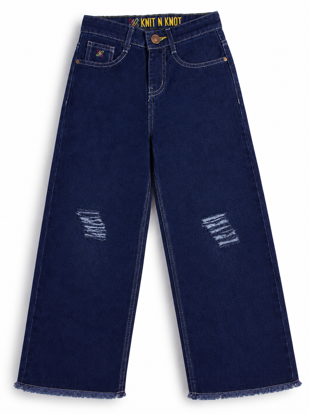 Knit N Knot Girls Premium Wide Leg Denim Jeans with Knee Distress – Dark Indigo