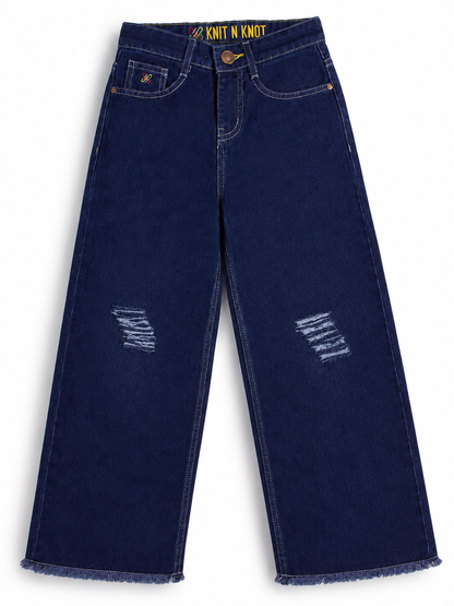 Knit N Knot Girls Premium Wide Leg Denim Jeans with Knee Distress – Dark Indigo