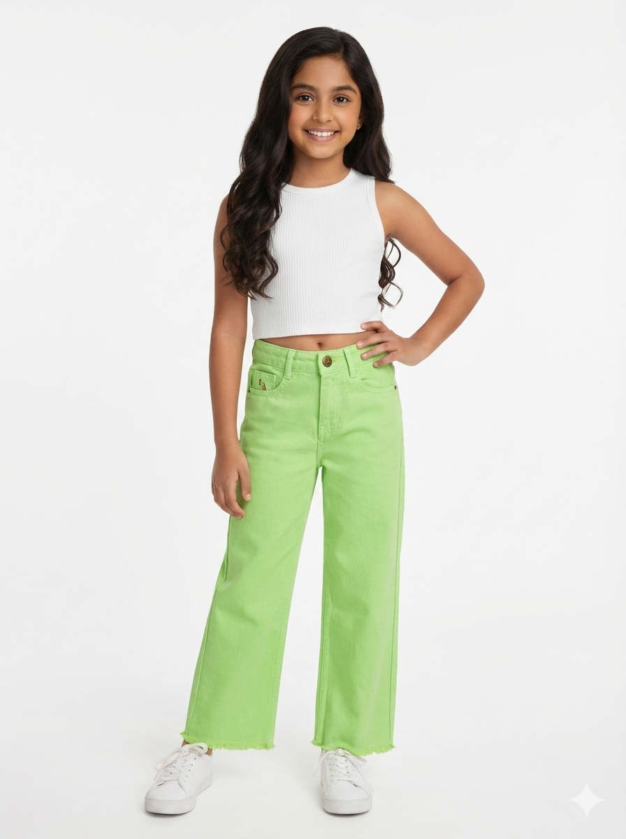 Knit N Knot Girls' Wide Flaring Fit High Waist Lime Green Jeans