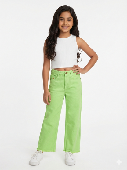 Knit N Knot Girls' Wide Flaring Fit High Waist Lime Green Jeans