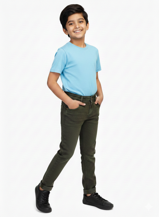 Knit N Knot Boys' Slim Fit Stretchable Olive Jeans