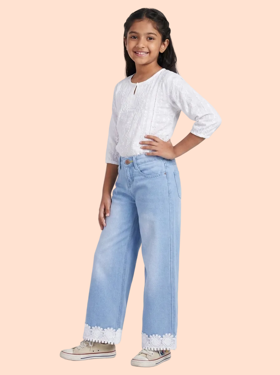 Knit N Knot Girls' Wide Flaring Fit High Waist Light Blue Jeans with Floral Lace Bottom