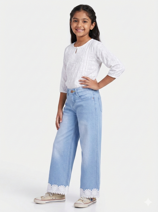 Knit N Knot Girls' Wide Flaring Fit High Waist Light Blue Jeans with Floral Lace Bottom