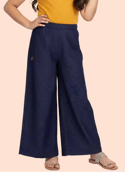 Knit N Knot Girls Indigo Denim Wide-Leg Palazzo Pants | Long Length